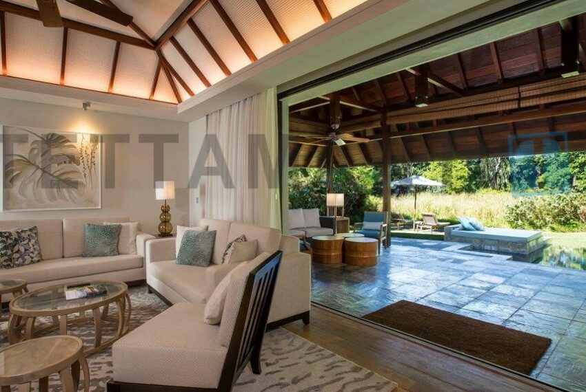 living room with porch swimming pool