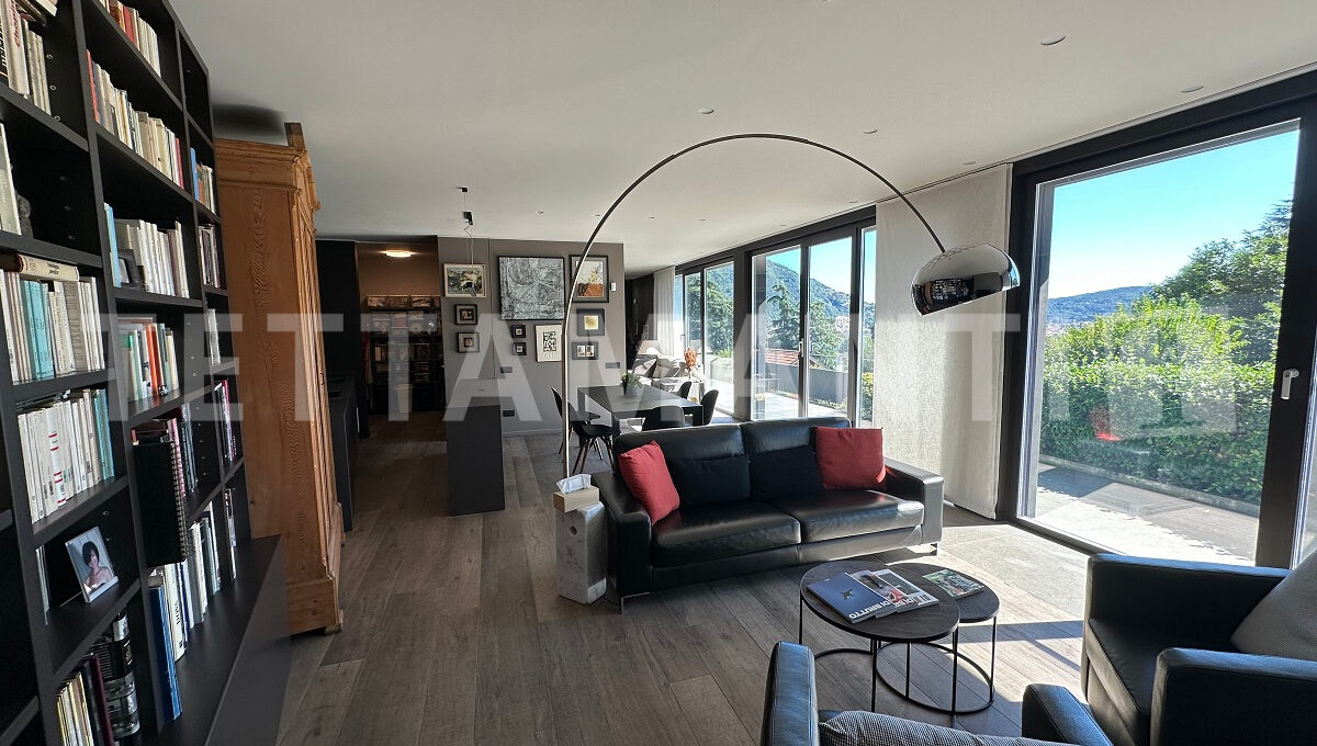 living room with lake view